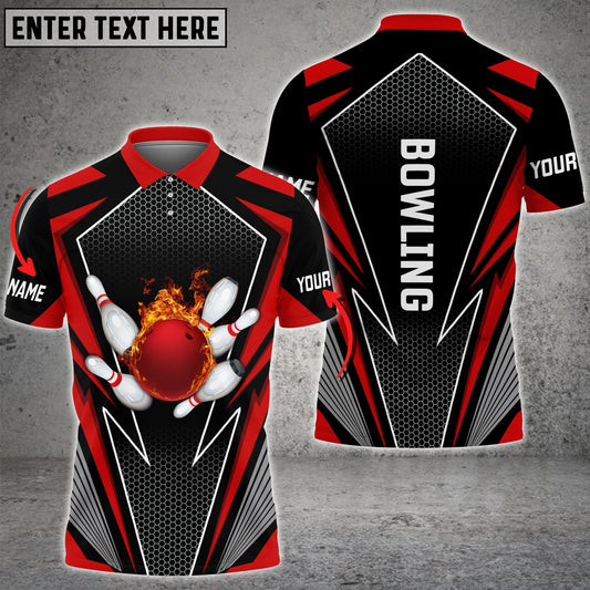 BlueJose Red Bowling And Pins Flame Hexagon Pattern Premium Customized Name 3D Shirt