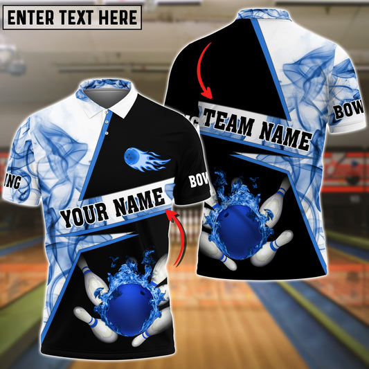 BlueJose Bowling Flame Blue Smoke Pattern Premium Customized Name 3D Shirt