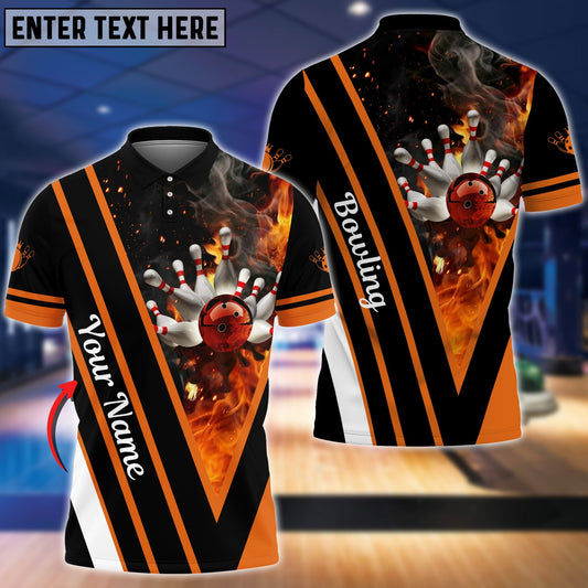 BlueJose Orange Bowling And Pins Flame Premium Customized Name 3D Shirt