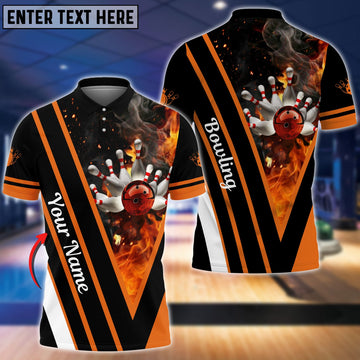 BlueJoses Orange Bowling And Pins Flame Premium Customized Name 3D Shirt