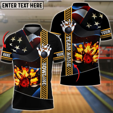 BlueJoses Bowling Ball And Pins Flame USA Flag Pattern Premium Customized Name 3D Shirt