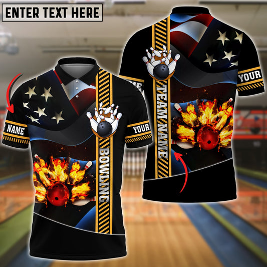 BlueJoses Bowling Ball And Pins Flame USA Flag Pattern Premium Customized Name 3D Shirt