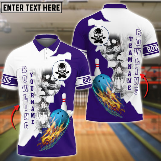 BlueJoses Purple Bowling Ball Flame Skull Pattern Premium Customized Name 3D Shirt