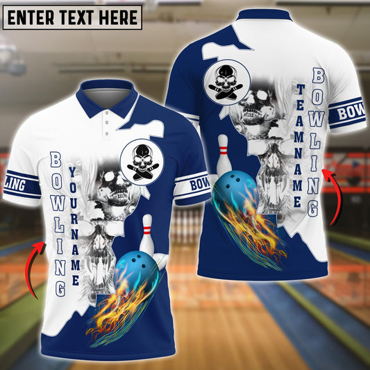 BlueJoses Blue Bowling Ball Flame Skull Pattern Premium Customized Name 3D Shirt