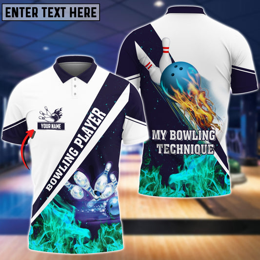 BlueJose My Bowling Technique Cyan Flame Pattern Premium Customized Name 3D Shirt
