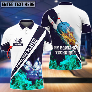 BlueJoses My Bowling Technique Cyan Flame Pattern Premium Customized Name 3D Shirt