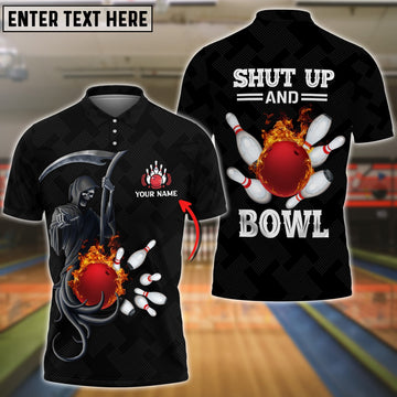 BlueJoses Bowling And Pins Flame Black Skull Pattern Premium Customized Name 3D Shirt