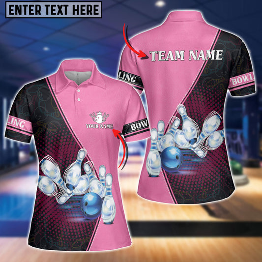 BlueJoses Pink Bowling Ball And Pins Pattern Premium Customized Name 3D Shirt For Women