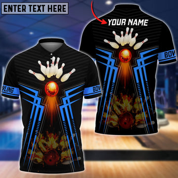 BlueJoses Blue Bowling Ball  And Pins Flame Premium Customized Name 3D Shirt