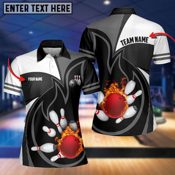 BlueJose Black Bowling Fire Pattern Premium Customized Name 3D Shirt For Women