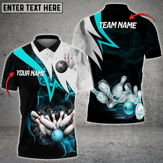 BlueJoses Cyan Smoke Pattern Bowling And Pins Premium Customized Name 3D Shirt, Personalized Shirts For Bowling Players