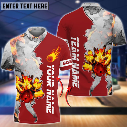 BlueJose Red Bowling Ball And Pins Flame Grey Smoke Pattern Premium Customized Name 3D Shirt