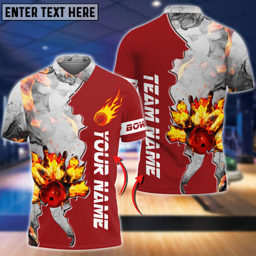 BlueJose Red Bowling Ball And Pins Flame Grey Smoke Pattern Premium Customized Name 3D Shirt