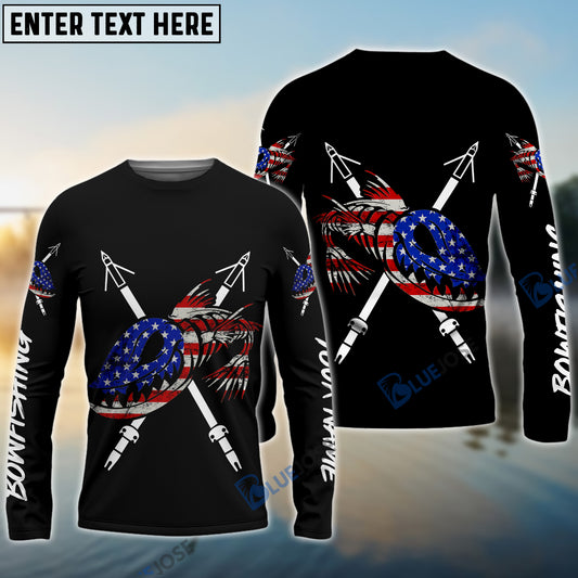 Bluejose Bowfishing American Flag Custom Long Sleeve Fishing Shirts, Patriotic Bow Fishing Gifts