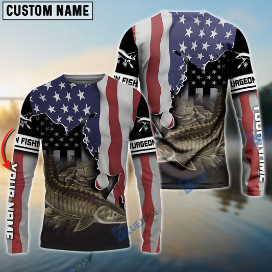 Bluejose Sturgeon Fishing American Flag Custom Long Sleeve Fishing Shirts, Patriotic Tournament Fishing Shirts