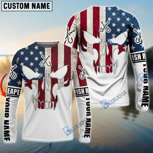 Bluejose American Flag Fishing Skull Fish Reaper Custom Long Sleeve Shirts , Personalized Patriotic Fishing Gifts