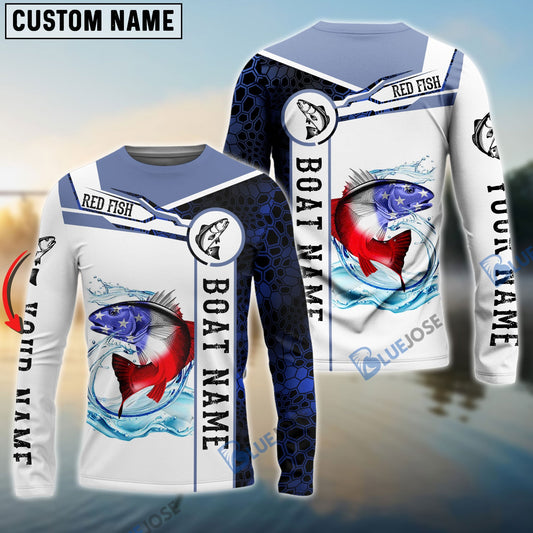 Bluejose Redfish Fishing Blue Camo American Flag Custom Name & Boat Name 3D Hoodie