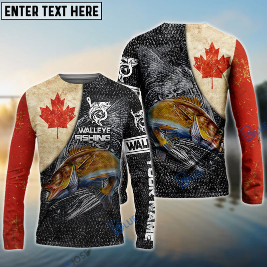 Bluejose Vintage Canadian Flag Walleye Fishing Custom Long Sleeve Performance Fishing Shirts