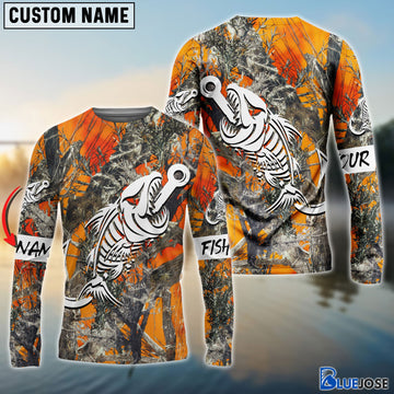 BlueJose Orange Camo Fish Hook Skull Custom Name Long Sleeve