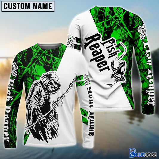 BlueJose Halloween Fish Reaper Green Camo Custom Name Long Sleeve