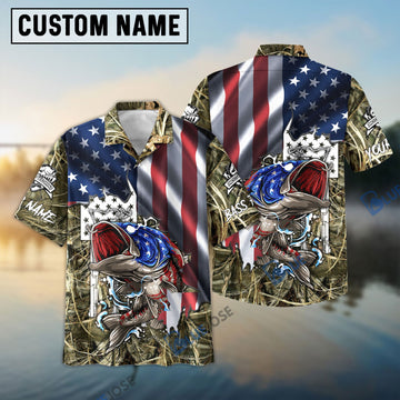 Bluejose American Flag Patriotic Largemouth Bass Camo Fishing Custom Name 3D Shirt