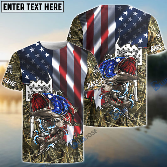 Bluejose American Flag Patriotic Largemouth Bass Camo Fishing Custom Name 3D Shirt