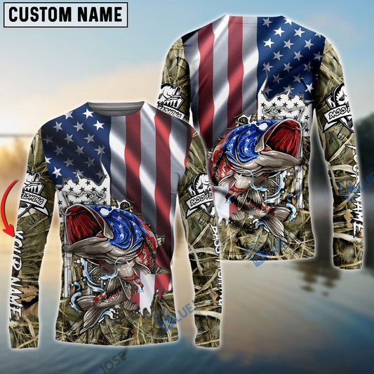 Bluejose American Flag Patriotic Largemouth Bass Camo Fishing Custom Name 3D Shirts