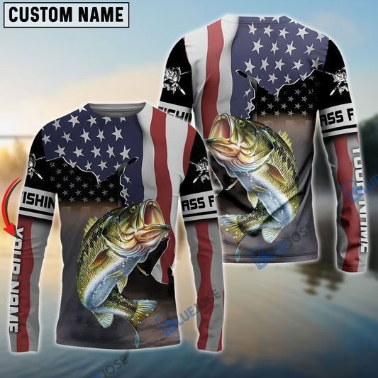 Bluejose Bass Fishing American Flag Custom Name Shirts