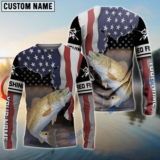 Bluejose Redfish Fishing American Flag Fishing Long Sleeves