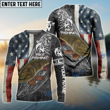 Bluejose Northern Pike Fishing American Flag Custome Name 3D Shirts