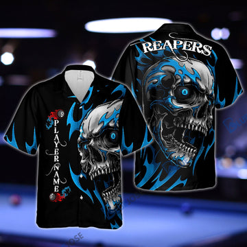 BlueJose Personalized Name Blue Skull Fire Billiard Balls Shirt For Reapers Team