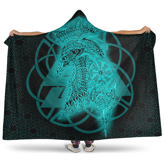 VikingStyle Hooded Blanket -Raven Valknut Turquoise Viking Homeset Hooded Blanket A95