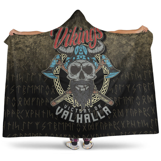 VikingStyle Hooded Blanket - Vikings-Victory-or-Valhalla-Skull-With-Crossed- Axe Hooded Blanket A7