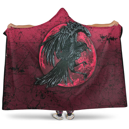 VikingStyle Hooded Blanket - Raven and Blood Moon Brush Style Hooded Blanket A35