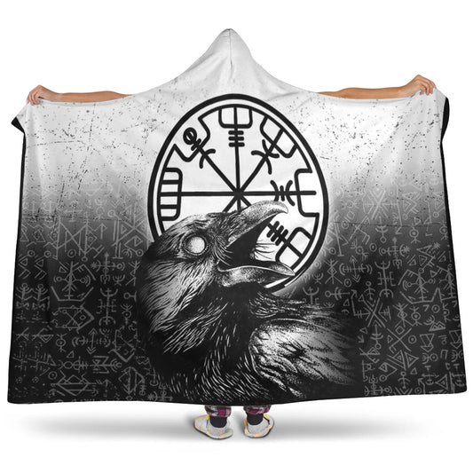 VikingStyle Hooded Blanket - Viking Raven Black and White Vegvisir Hooded Blanket A35