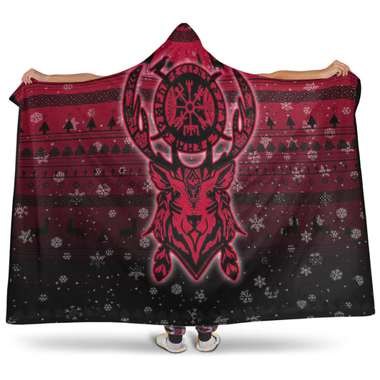 VikingStyle Hooded Blanket -Viking Reindeer Vegvisir Red Hooded Blanket A94