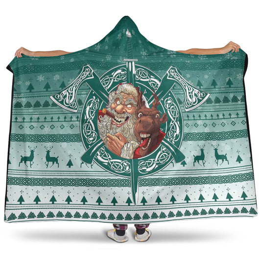 VikingStyle Hooded Blanket -Viking Santa and Reindeer Christmas Pattern Hooded Blanket A94