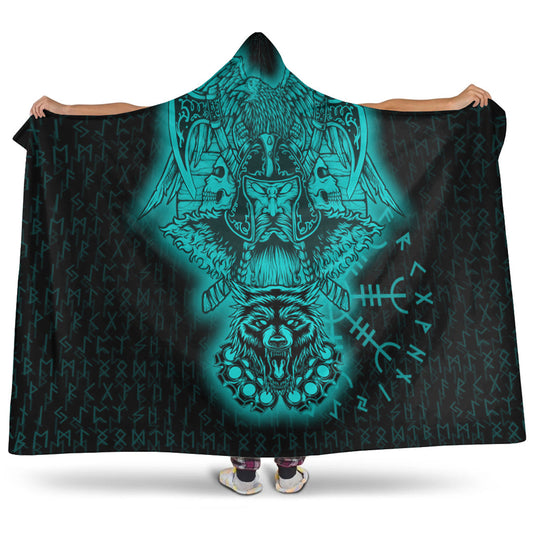 VikingStyle Hooded Blanket -Odin And Raven Wolf Turquoise Viking Homeset Hooded Blanket A95