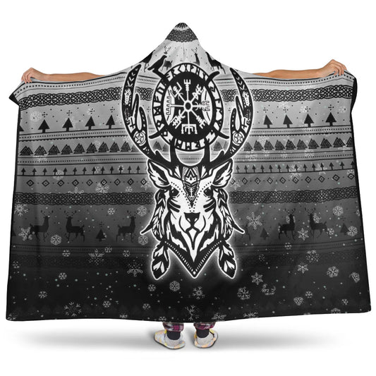 VikingStyle Hooded Blanket -Viking Reindeer Vegvisir Hooded Blanket A94