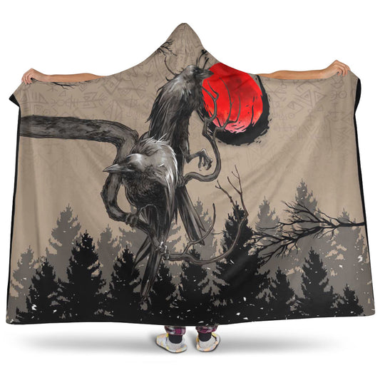 VikingStyle Hooded Blanket - Viking Huginn and Muninn Raven on Tree Branch and Blood Moon Hooded Blanket A35