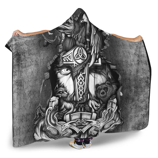 VikingStyle Hooded Blanket - Viking Odin Wolf Bear Raven Hooded Blanket A95