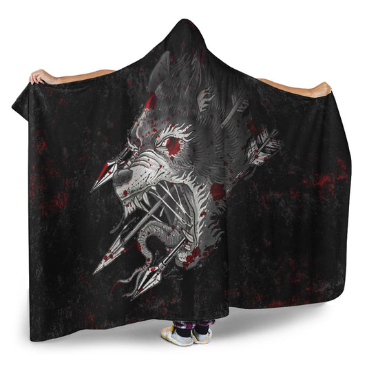 VikingStyle Hooded Blanket - Fenrir Wolf Arrow and Blood Hooded Blanket A35