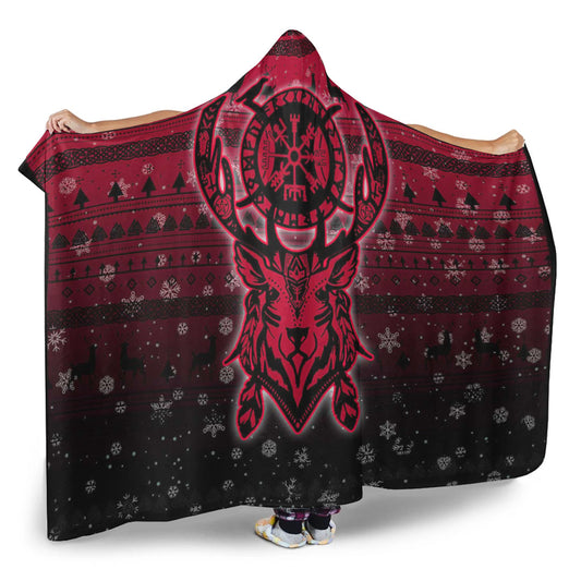 VikingStyle Hooded Blanket -Viking Reindeer Vegvisir Red Hooded Blanket A94