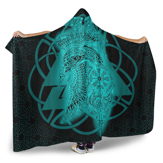 VikingStyle Hooded Blanket - Valknut Raven Turquoise Viking Homeset Hooded Blanket A95