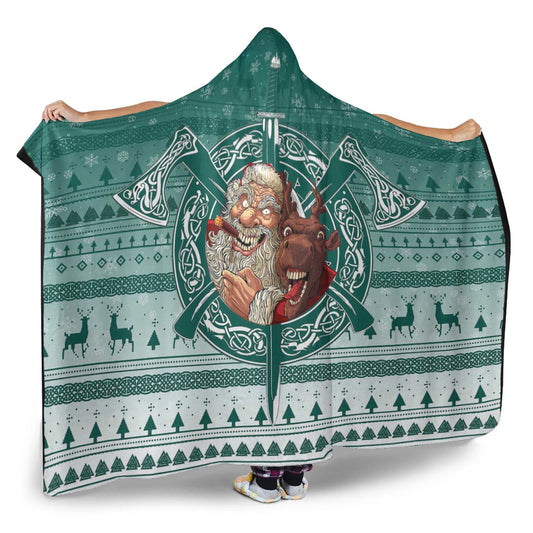 VikingStyle Hooded Blanket -Viking Santa and Reindeer Christmas Pattern Hooded Blanket A94