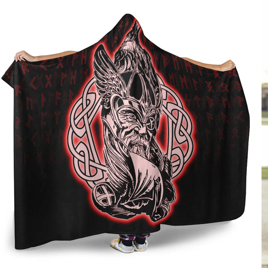 VikingStyle Hooded Blanket -Odin Raven Viking Set Red Hooded Blanket A95