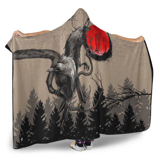 VikingStyle Hooded Blanket - Viking Huginn and Muninn Raven on Tree Branch and Blood Moon Hooded Blanket A35