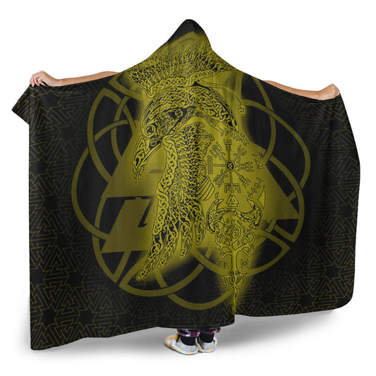 VikingStyle Hooded Blanket -Raven Valknut Gold Viking Homeset Hooded Blanket A95