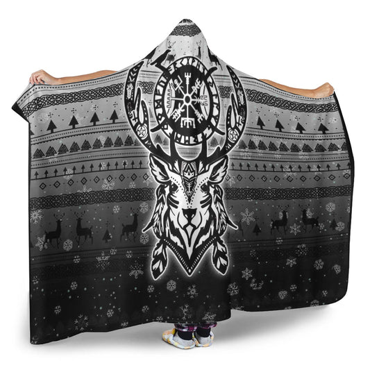 VikingStyle Hooded Blanket -Viking Reindeer Vegvisir Hooded Blanket A94