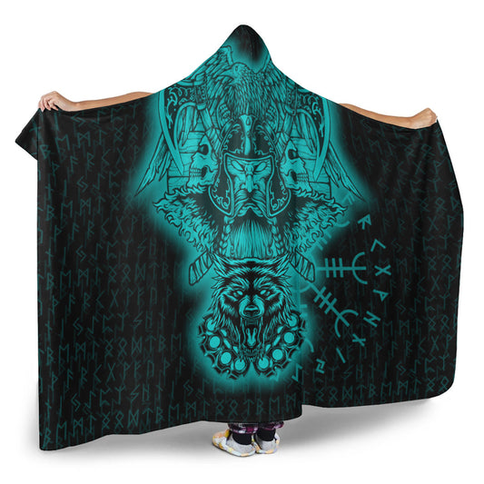 VikingStyle Hooded Blanket -Odin And Raven Wolf Turquoise Viking Homeset Hooded Blanket A95